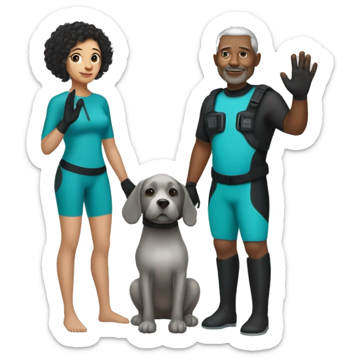 40 year old woman with light brown skin and short curly black hair, holding the hand of a 50 year old white man with short gray hair, both people dressed in snorkel gear sticker