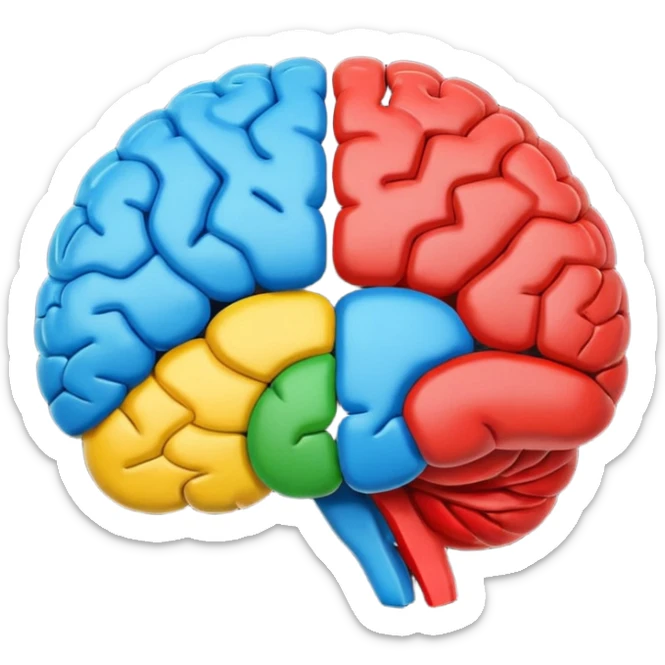 brain emoji with Google’s four signature colors blue red yellow green, playful and simple sticker