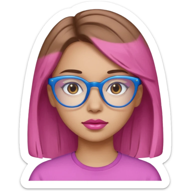 A girl with light skin, brown eyes, blue glasses, pink lips, and light brown hair. sticker