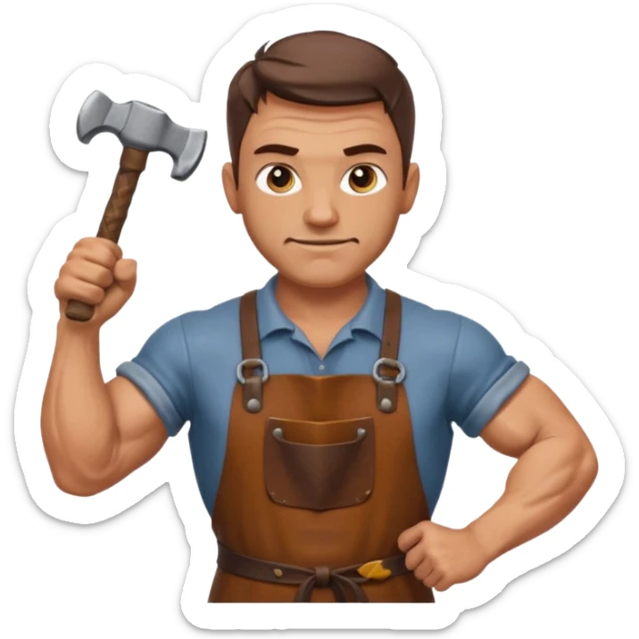Emoji portrait of a Celtic blacksmith. Work clothes, muscular arms, holding a hammer and wearing a leather apron. sticker