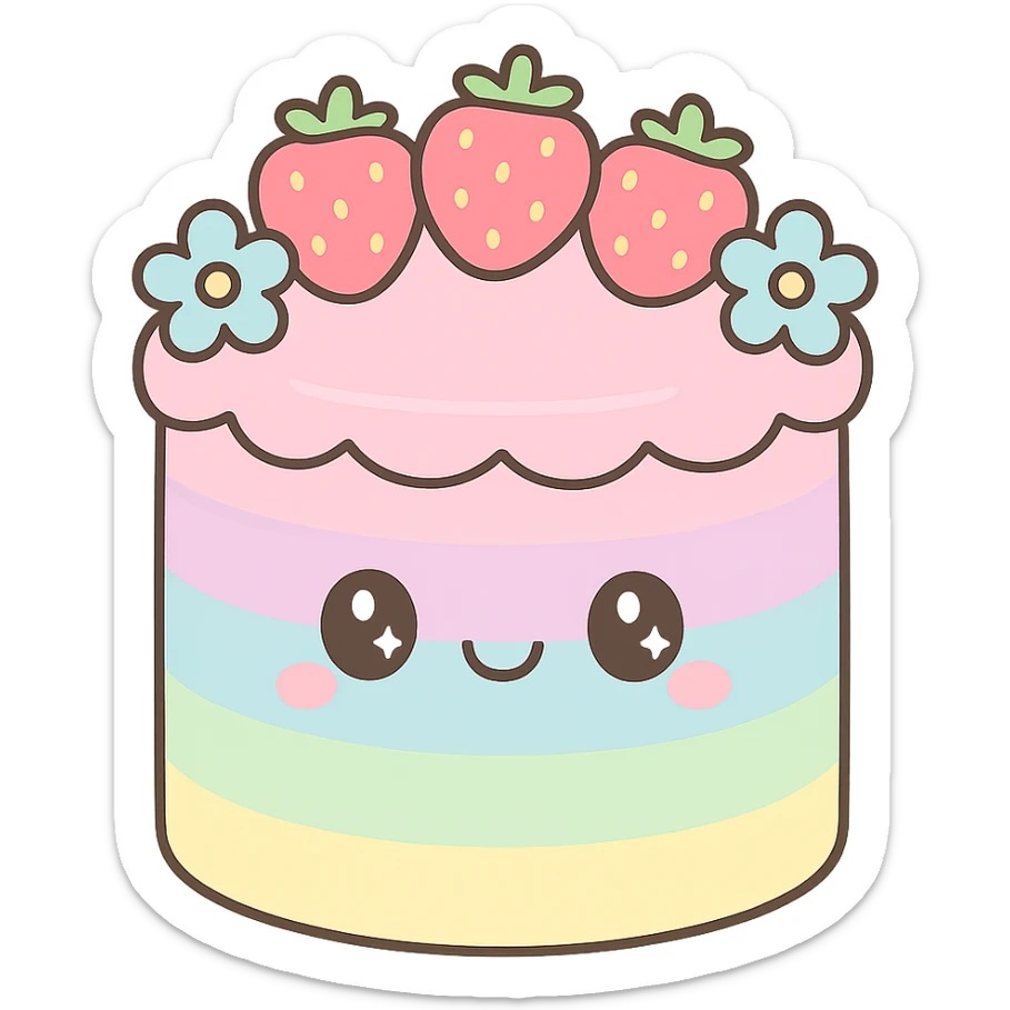 pastel rainbow wedding cake with strawberries, pastel blue flowers, no topper, kawaii style sticker