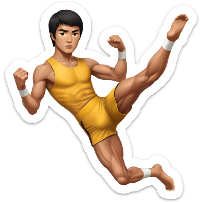 Cinematic Realistic portrait of Bruce Lee, shown as a legendary martial artist in a dynamic, powerful pose with modern athletic attire and finely detailed muscle definition, rendered in dramatic action lighting sticker