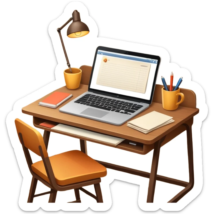 simple emoji of a cozy desk with a paper and a laptop on it sticker
