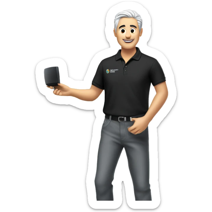 Technician with grey hair wearing a black polo shirt installs a TV onto a white wall of an exhibition stand sticker