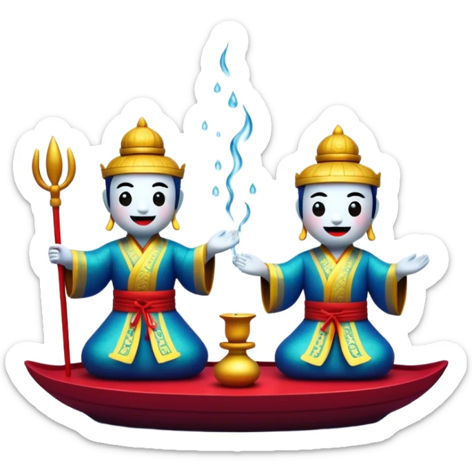 Cinematic Realistic Water Puppetry Emoji, depicted as a whimsical scene of traditional water puppets performing on a reflective water stage, rendered with vivid textures and dynamic playful lighting that captures its enchanting charm. sticker