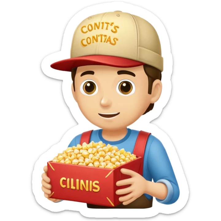 persona vendiendo palomitas en el cine, con gorra y delantal, sosteniendo una caja de crispetas sticker