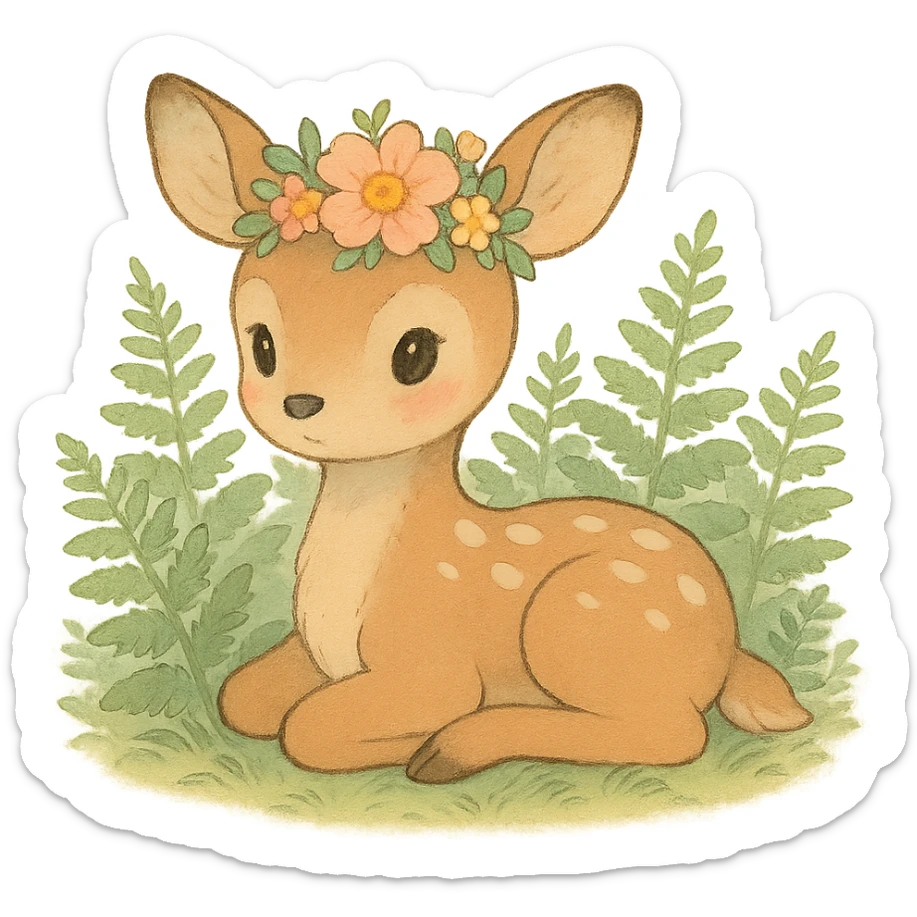 baby deer with a flower crown, surrounded by ferns, soft pastel colors, ghibli style sticker