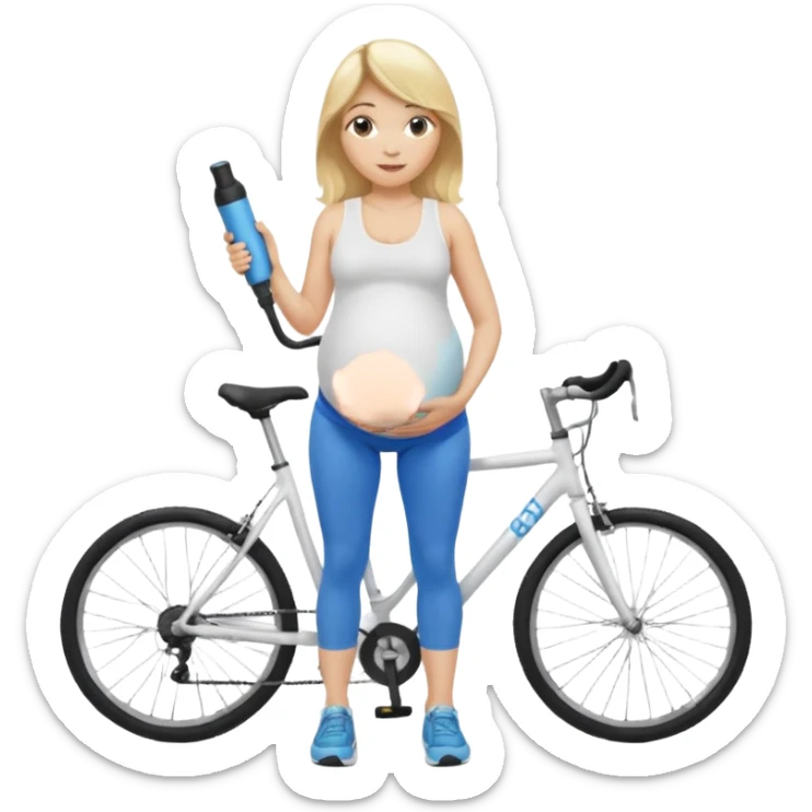 Woman blonde hair white tank top blue leggings pregnant belly holding a bike pump sticker