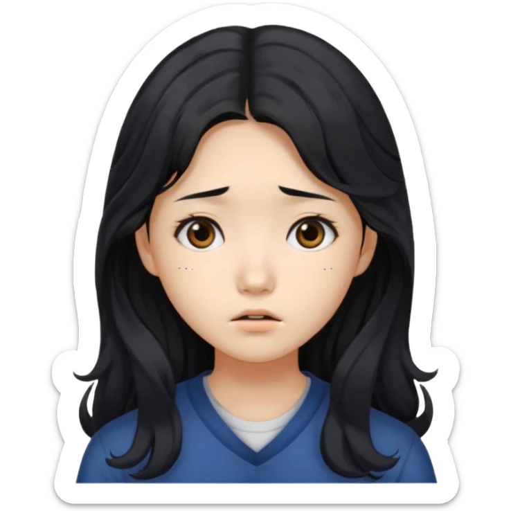  Korean female college student with a worried face , long wavy hair ,no glasses  sticker