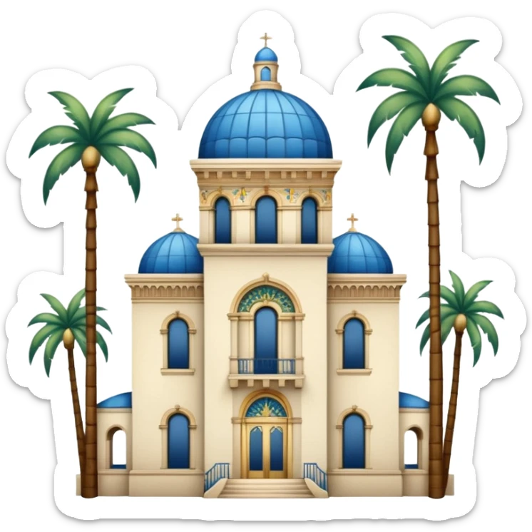 California building with ornate blue, gold, and green tile dome, slender California Tower, Spanish Colonial Revival style, palm trees, simple sticker