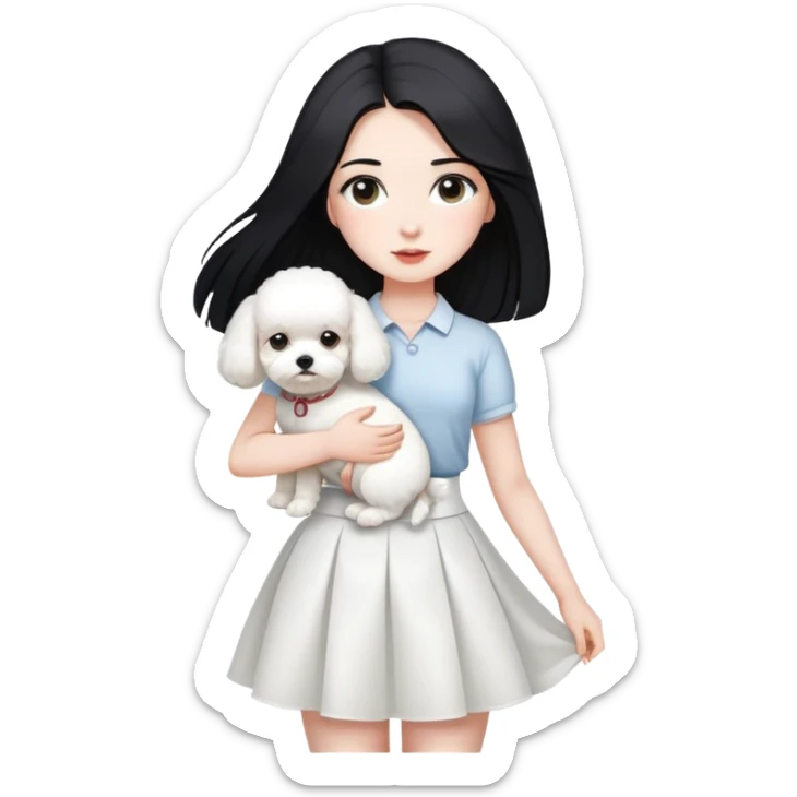A beautiful girl with long straight black hair wearing a white skirt holding a small white Bichon Frise sticker