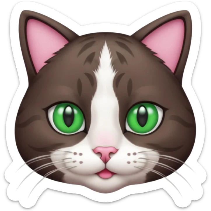 a cat with green eyes, lines on his head but he is a really dark brown and has white paws and a white neck and mouth fur and nose is pink sticker