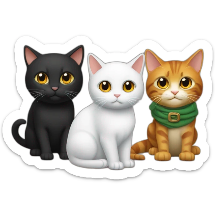 un chat roux, un chat noir en écaille tortue et un chat noir et blanc l'un à côté de l'autre sticker