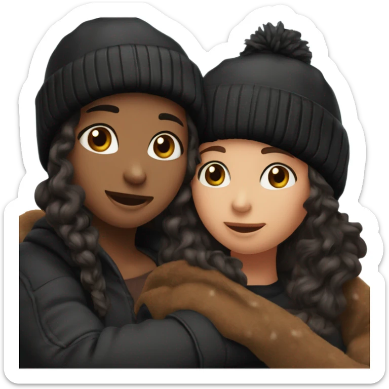 2 womenbest friend, one of them is brown  wavy hair in black winter cap, and the other one is black straight hair in black winter cap, hug sticker