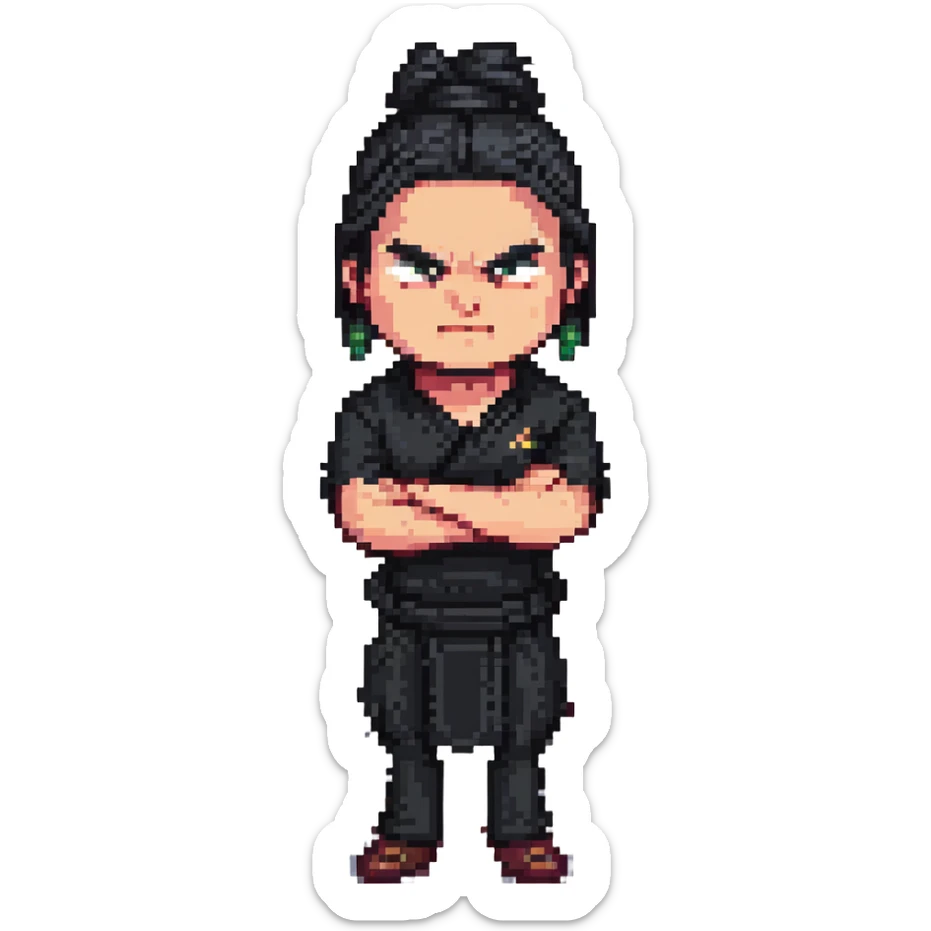 angry man with long black hair tied in a bun, arms crossed, dressed in black, pixel art 32bit style sticker