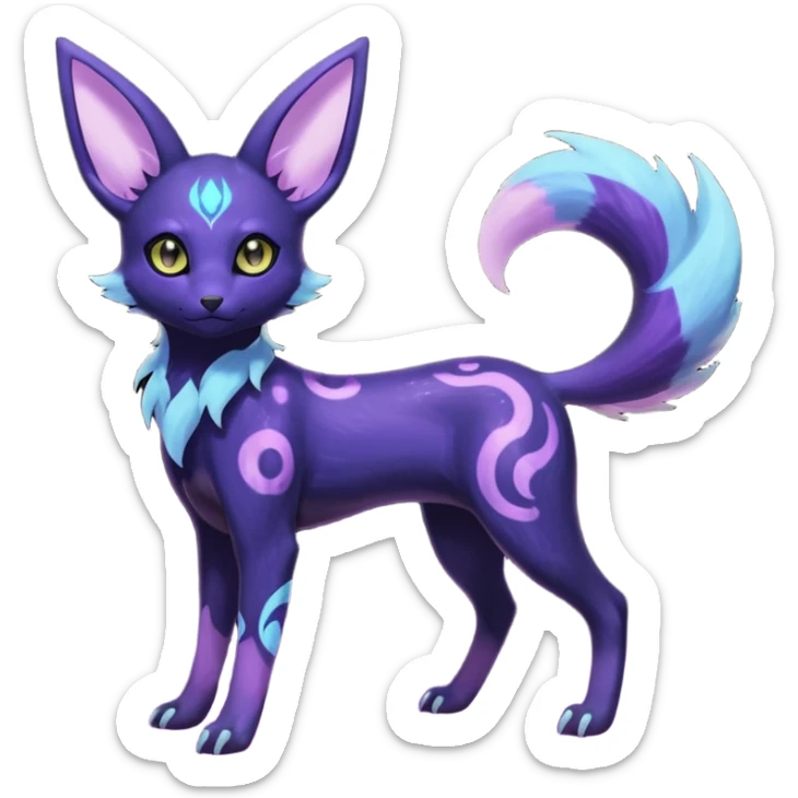 Rare realistic purple indigo violet nebulae shiny sparkly dark-neon glowing bioluminescent edgy badass epic pretty beautiful handsome gorgeous aesthetic colorful vibrant Vernid-Trico-Umbreon-Espeon-species-Fakemon-creature by LiLaiRa, 4 legs, 1 tail, random markings, (full body) sticker