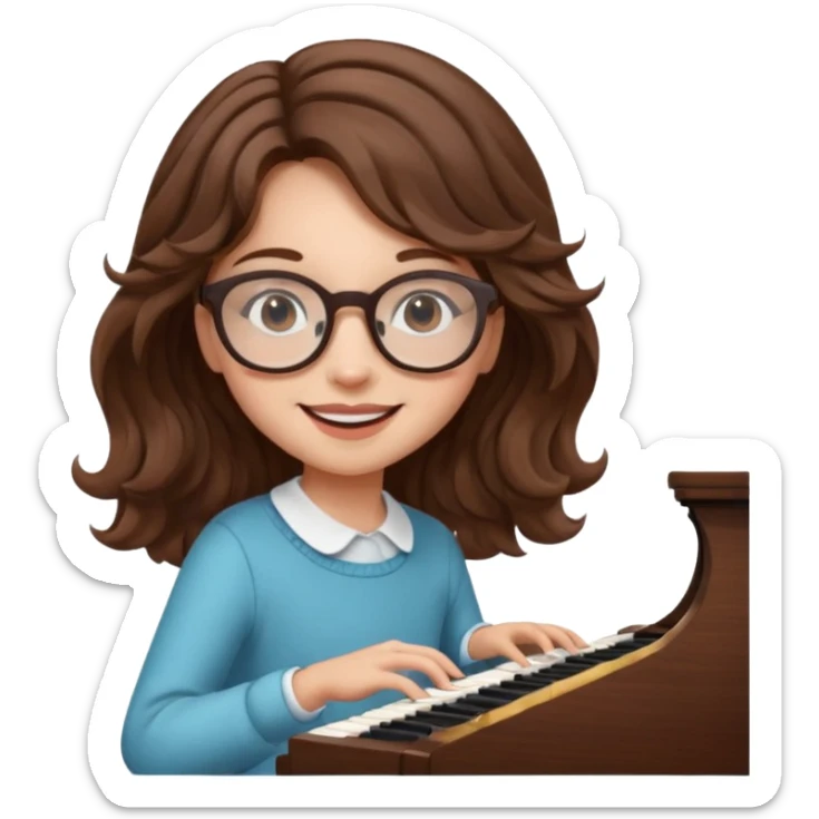 girl brown hair wavy. round glasses eye. playing piano sticker