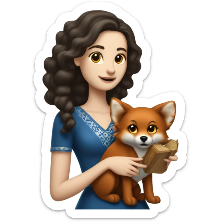 White girl in a dress for Hanukkah with longer wavier dark brown hair holding a menorah with her red fox lookalike dog  sticker