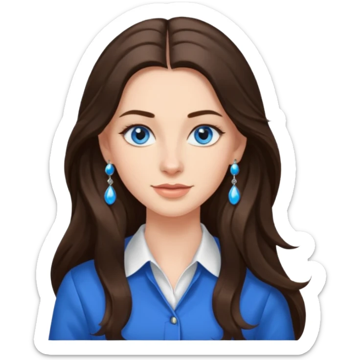 
Create an emoji of a brunette with blue eyes. She should have long hair, stylish clothing, and a friendly facial expression. Add some accessories like earrings or glasses to make the look more interesting. sticker