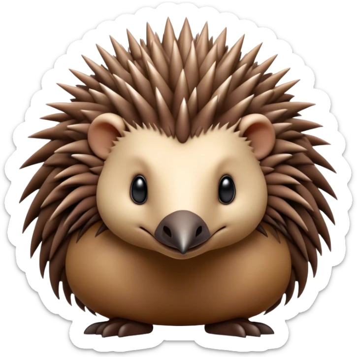Cinematic Noble Echidna Portrait Emoji, Poised and regal, with a compact, spiky build and a textured, bristly fur in earthy browns, a distinctive pointed snout and keen, soulful eyes, Simplified yet sharp and sophisticated features, highly detailed, glowing with a warm, dignified glow, high shine, intelligent and resilient, stylized with an air of prickly elegance, focused and attentive, soft glowing outline, capturing the essence of a watchful and confident echidna, so majestic it feels as though it could scurry out of the screen with effortless authority! sticker