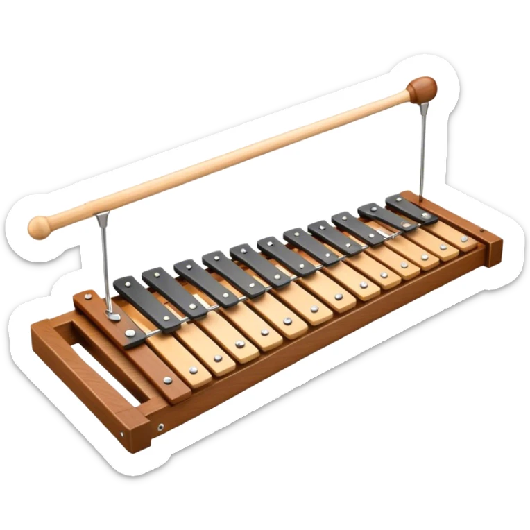 Create a vibrant and detailed emoji representing a Fleet FLT-SX37 xylophone. The design should feature the sleek wooden keys of the xylophone, arranged neatly on the frame, with metal bars clearly visible. Add the mallets placed beside the instrument or in motion, highlighting their soft rubber heads. Use warm, natural wood tones for the keys, with subtle metallic accents to reflect the professional quality of the instrument. Add small musical notes or soundwaves around the xylophone to evoke its bright, percussive sound. The background should be transparent. sticker
