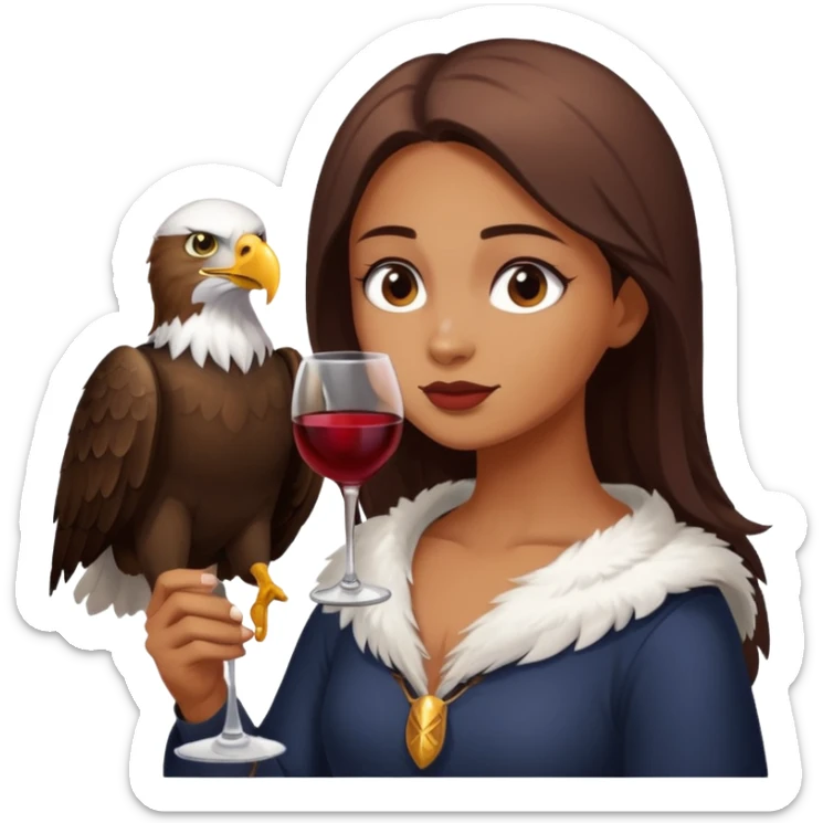 Real picture of an eagle bird girl drinking wine. Write the word Thirsty Thorpie on the eagles chest  sticker