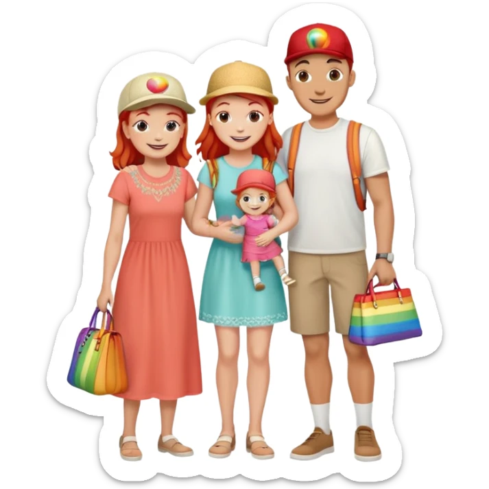 A happy family of four - father in white t-shirt and cap, mother with red hair in coral dress, young daughter in matching dress with rainbow handbag, teenage son in light embroidered shirt, all smiling together sticker