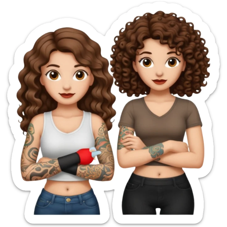 success scroll — long wavy brown hair tattooed woman and short tight curly brown hair woman — proud pose sticker