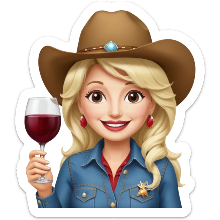 Dolly Parton with a huge glass of wine on a bachelorette trip and a cowboy hat sticker