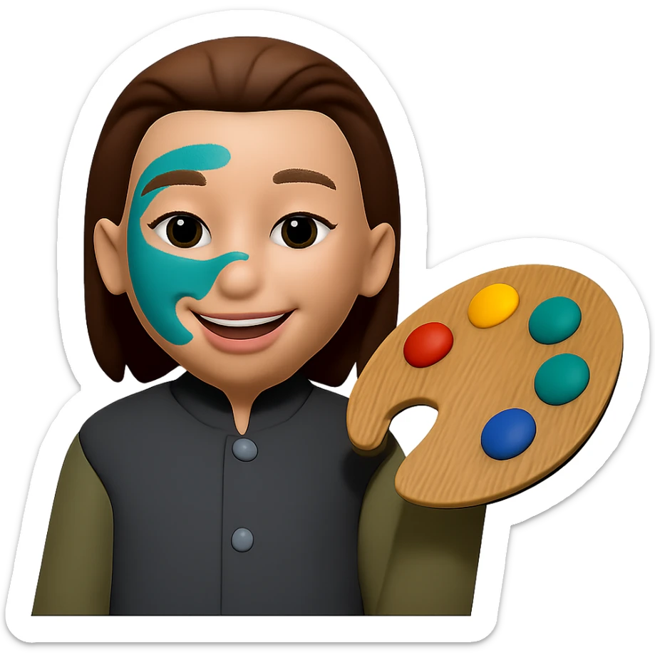 Edit the image to show her creating a color palette, with visible traces of the color #0D8484 on her face. Keep the same style as the original image. Make the background transparent. sticker