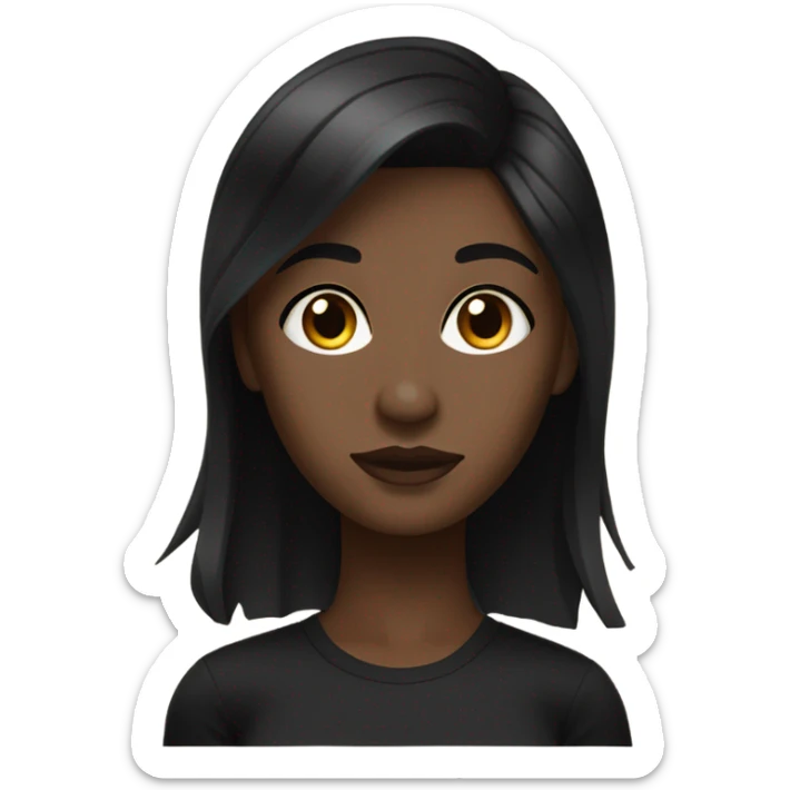 Dark-skinned woman, straight black hair, not too short or too long, with waves (not too marked), with a black t-shirt, brown eyes and eyeliner sticker