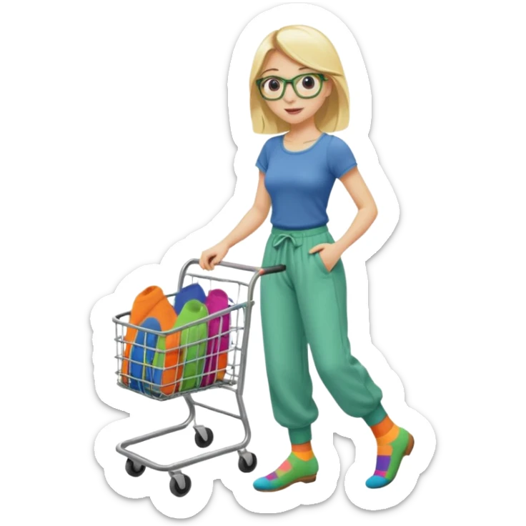 Fille blonde, pantalon d’Aladin vert. Lunettes ronde fine. Elle pousse un bac à roulette remplie de chaussettes  sticker