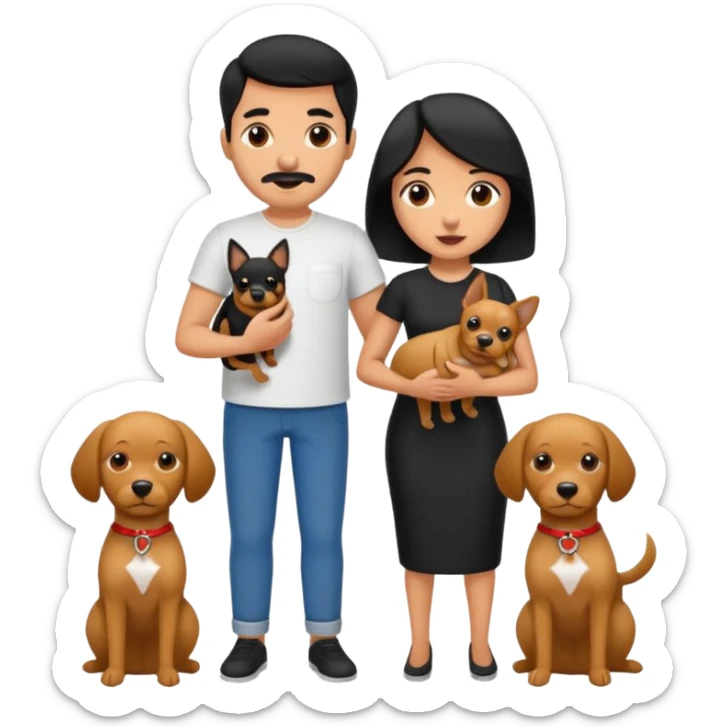 Pareja hombre y mujer, pelo negro ambos, y con dos perritos pincher en sus brazos sticker