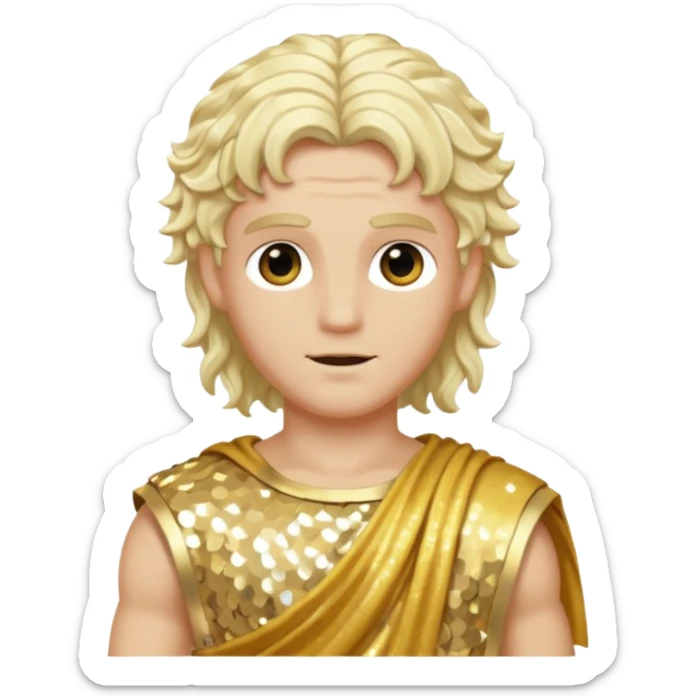 Apollo, God of Sun from Roman Deities with long platinum blonde wavy hair, gold sequin toga sticker