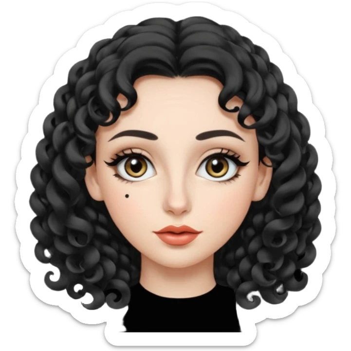 persona mujer con piel clara y rizos suaves color negro y largos  y sin volumen y con delineador en los ojos y con los labios medianos, ojos almendrados y nariz respringada y el fondo blanco sticker