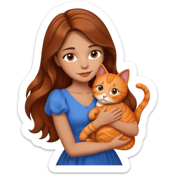 a woman with a beautiful face and long, slightly wavy, brown hair, she was wearing a beautiful blue dress, holding and hugging an orange cat. sticker