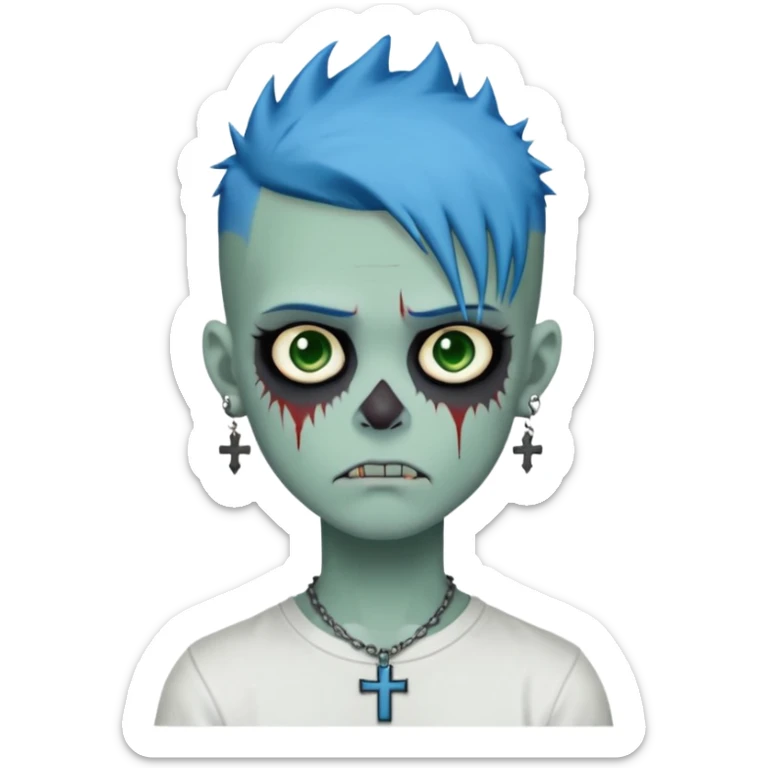 zombie boy with spiky emo blue hair and white shirt , tattos, a risk on the eyebrow, earings,  a necklace with a cross, green skin emoji  sticker