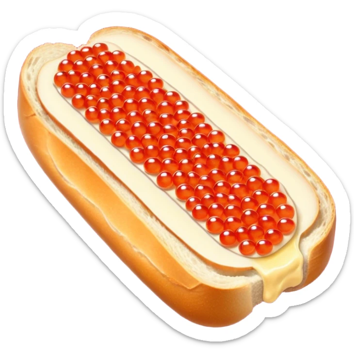 Apple style 3D emoji of a slice of fresh baguette with creamy butter and a generous layer of shining red caviar.
Realistic textures but in a clean 3D icon style. Soft reflections on the caviar pearls, delicious look, isolated on a white background. sticker