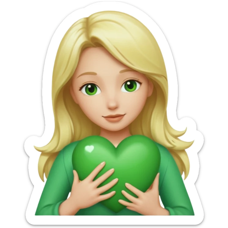 A hug emoji of a blonde women that hugs a green hearth sticker