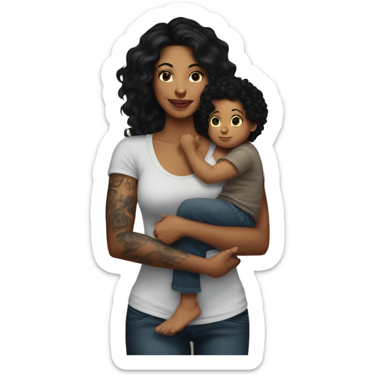  mom with tattoos on arm with long black hair holding a baby boy with dark brown curly hair  sticker