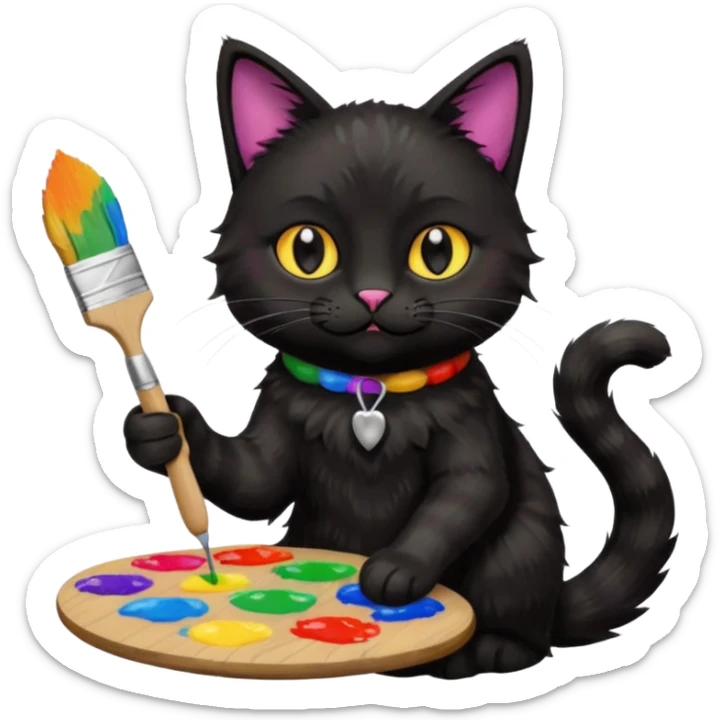 A black cat holding brushes and a colour pallete because he is an artist sticker