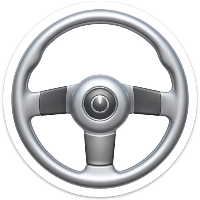 A futuristic steering wheel emoji made of silver chrome, minimal geometric design, smooth metallic surface, soft reflections, iOS emoji style, centered, clean white background sticker