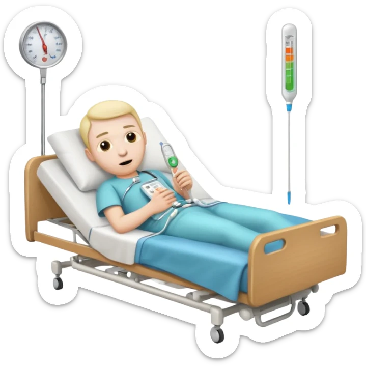 man sick in hospital bed full body thermometer in mouth emoji style sticker