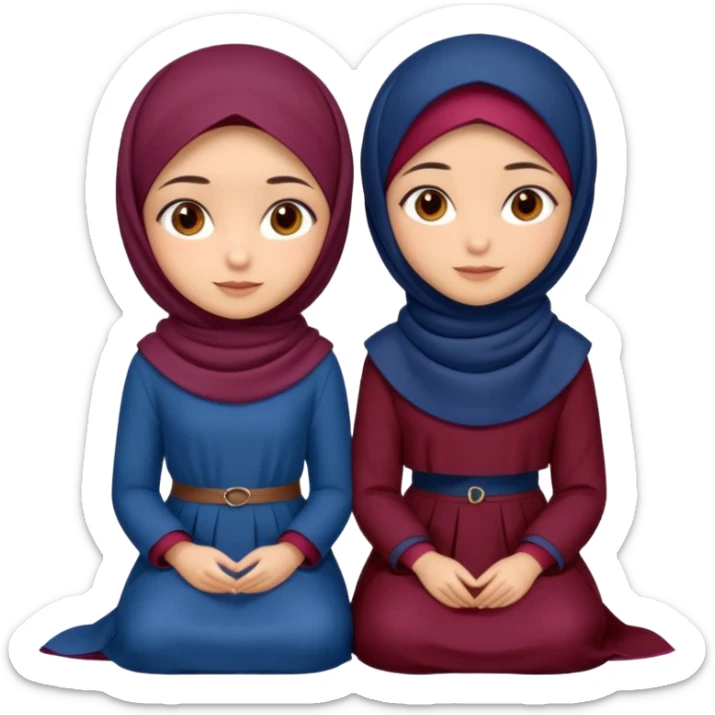 Turkish beautiful finish Konya two girls (friends) brown eyes and with dark blue and burgundy hijab islamic dress and sitting on grass  sticker