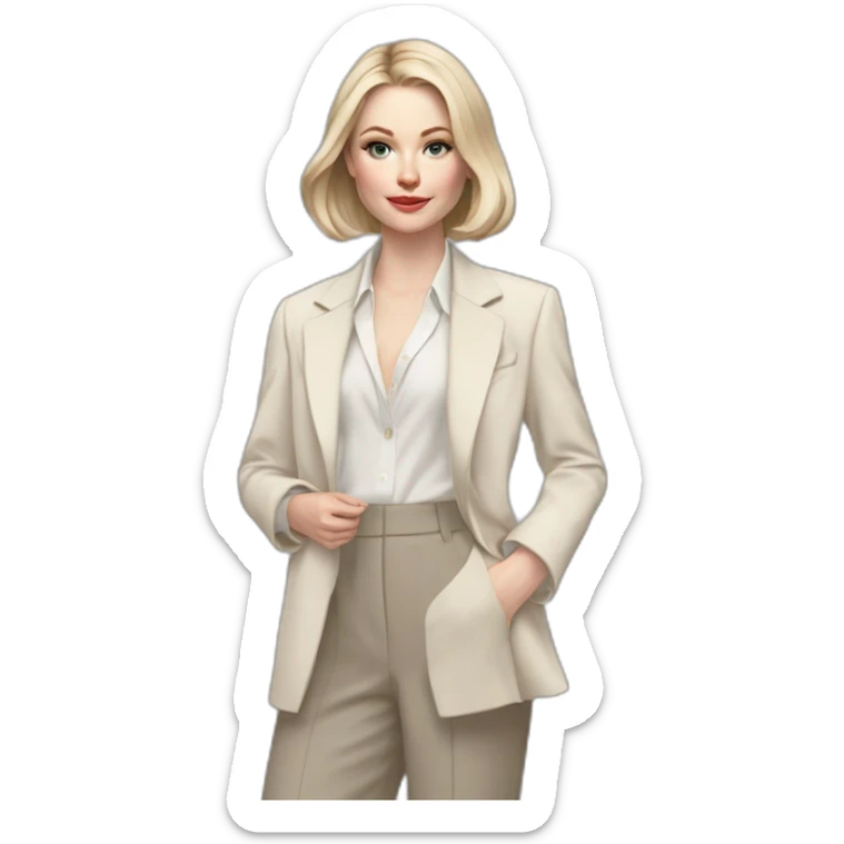 pale skin woman with ash blonde Straightened bob Hair, White Spacious classical jacket, beige palazzo Arrow pants and gray blouse holding a color palette in the hands sticker