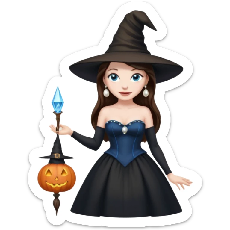 woman brunette, very large breasts, pale skin, blue eyes, long brown hair, black strapless dress, witch hat, pearl earrings, smirking, in black heels, standing, head to toe, full body, zoomed out, entire outfit visible sticker