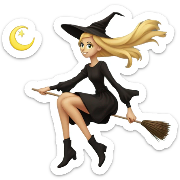 Slender sensual young Witch with waistlong brown and blonde hair, silhuette on broom flying in sky sticker