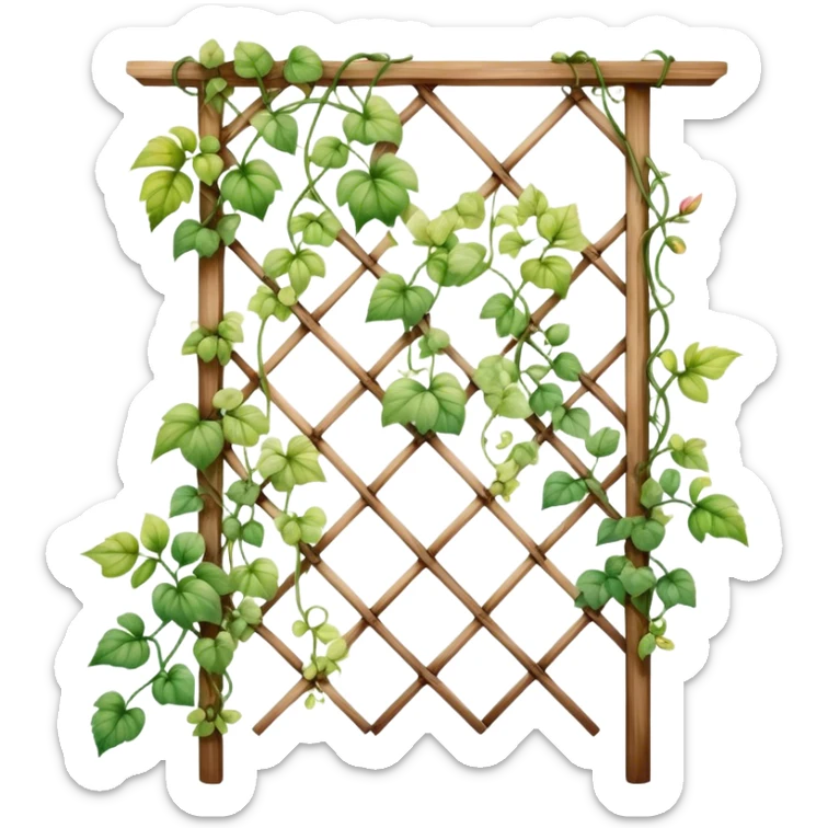 A delicate vine plant climbing a wooden trellis, painted in watercolor with soft gradients and organic details.
 sticker