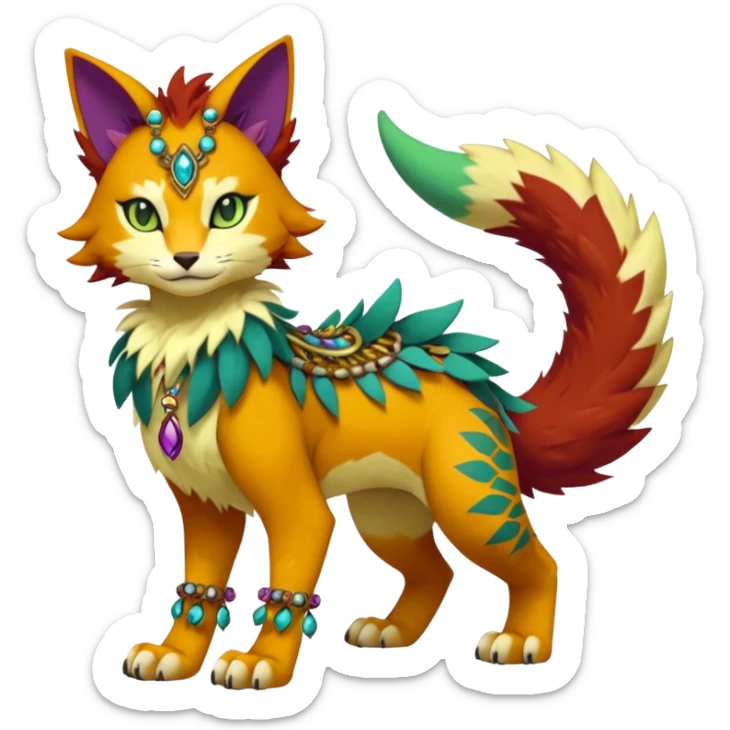 Kawaii cute reddish orangish yellowish greenish purplish exotic tribal beautiful pretty elegant divine edgy feline-vernid-sergal-Fakémon-Pokémon-Digimon-fursona-animal-creature with accessories, jewelries, full body, with intricate detailed markings sticker