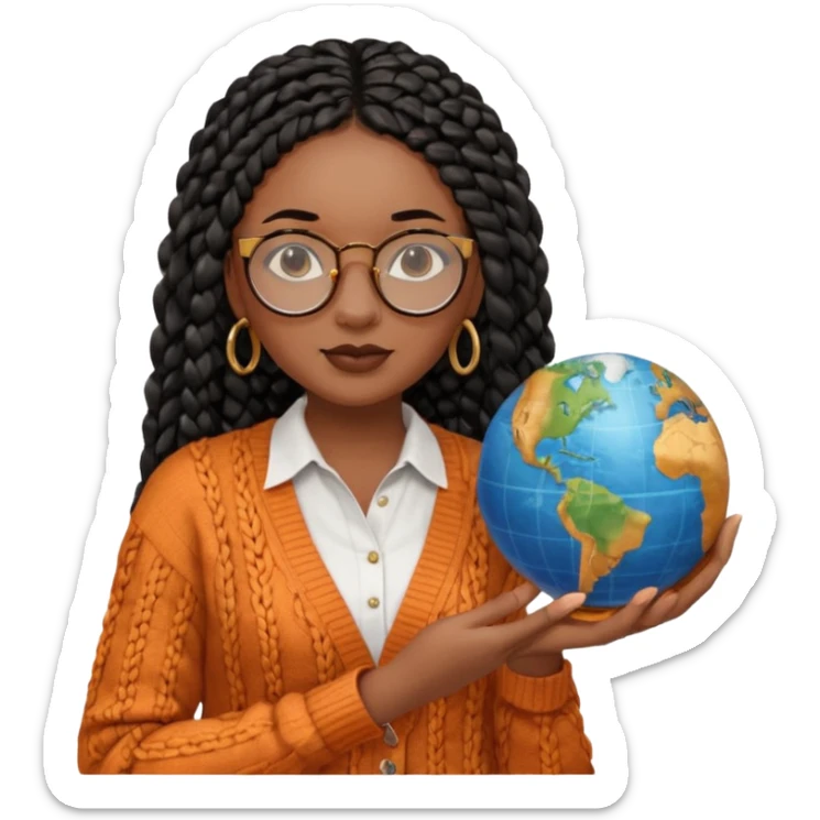 a young woman wearing fine gold round glasses and black hair in several box braids, no earrings, she has light black skin, and she's wearing a white shirt with an orange-terracotta cardigan on top. She's holding a globe in one hand sticker